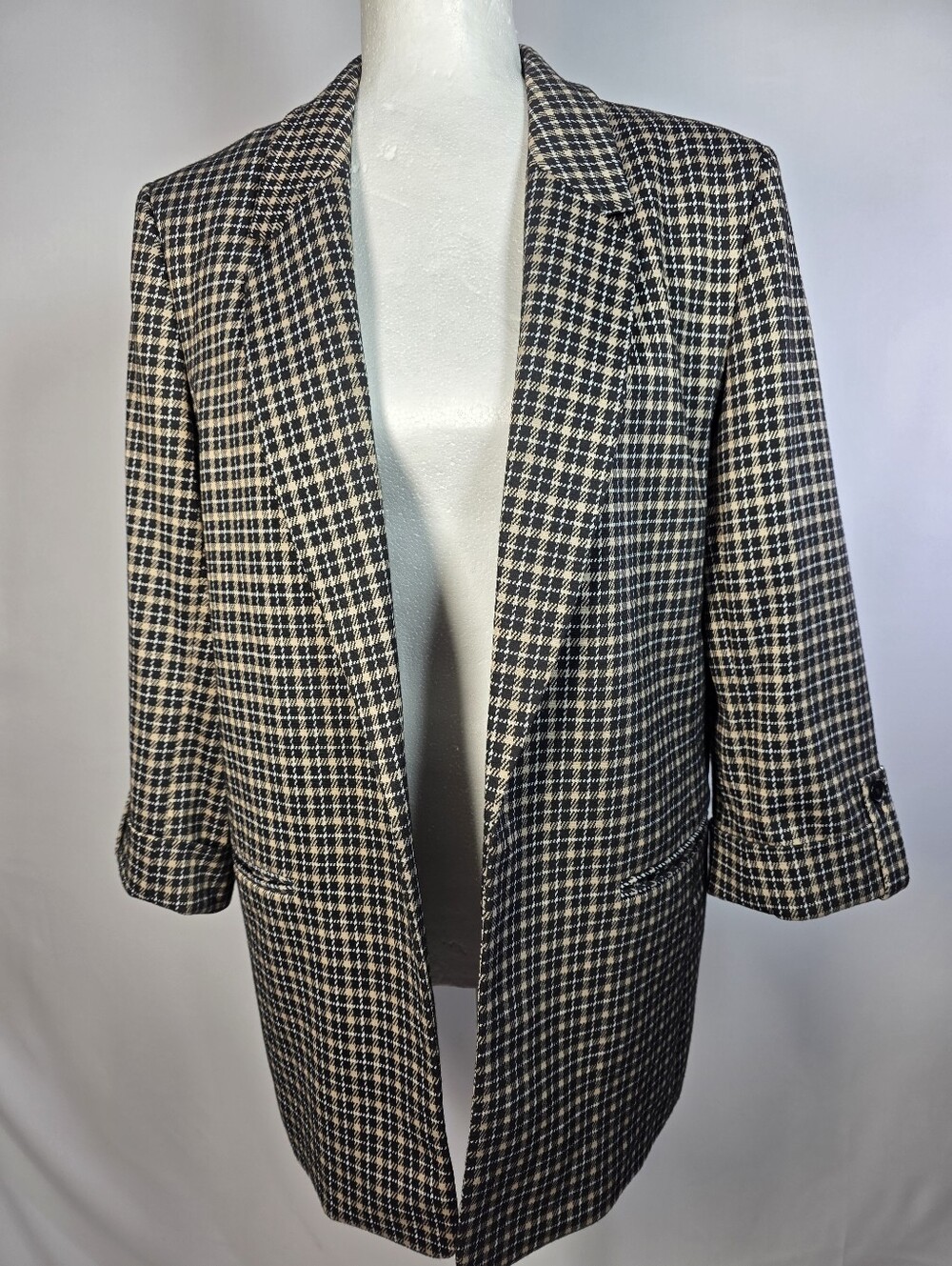 Evan Picone Black Label Houndstooth Open Front Blazer Medium